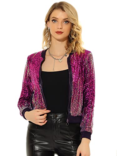 Allegra K Women's Sequin Jacket Long Sleeve Zip Ombre Sparkle Halloween Party Bomber Jackets