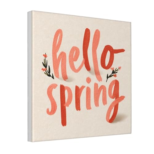 Lienzo floral minimalista Hello Spring enmarcado de 30x30 cm, arte de pared Woshuwo