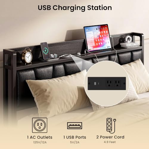 Image of LIKIMIO Full Size Bed Frame, PU Leather Storage Headboard with Charging Station, Solid and Stable, Noise Free, No Box Spring Needed, Easy Assembly, Black