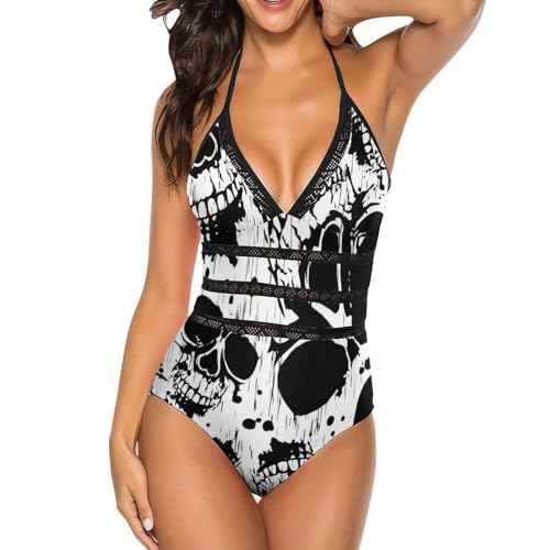 Maillot de bain une pièce femme noir motif crâne idéal pour la natation chic