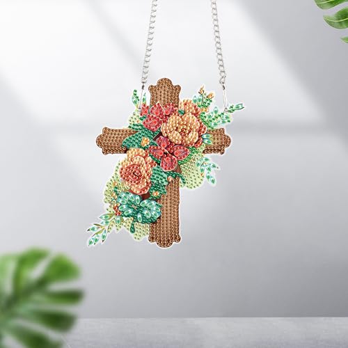 Image of 5D DIY Acrylic Cross Diamond Painting Pendant Kit, Floral Special Shaped Rhinestones Hanging Ornament, Diamond Art Hanging for Adults, Decorative Window, Wall or Door, Handmade Home and Holiday Gift