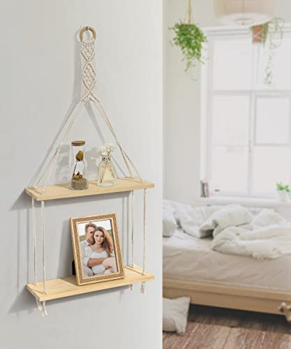 Afuly Macrame Hanging Shelves Wall Floating Shelf Natural Wood Chic Boho Decor 2 Tiers Pine Wood Cotton Rope Beige For Bedroom Bathroom Living Room Decor Ready To Hang, Beige #TOP4