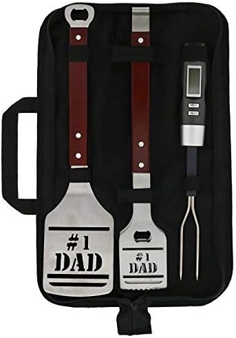 Panoware BBQ Grill Set with Carry Case for Dad, 4 Piece Set, Number 1 Dad Tongs, Spatula, Digital Thermometer and Case
