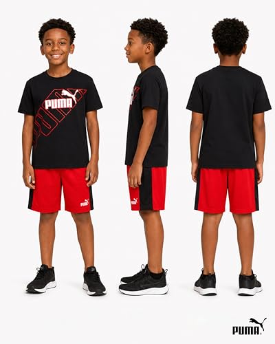 Image of PUMA Boys Short Set - 2 Piece Short Sleeve Crewneck Performance Graphic Tees and Athletic Mesh Shorts for Boys (Sizes: 4-16)