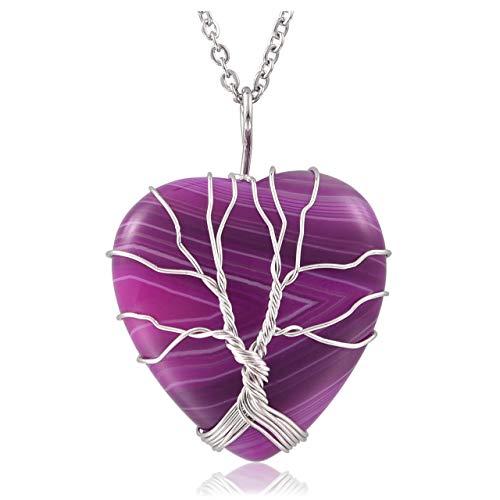 Jovivi Natural Dyed Purple Agate Heart Gemstone Pendant Necklace Wire Wrapped Silver Copper Tree of Life Healing Chakra Necklace