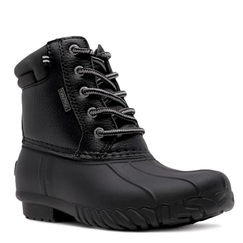 Image of Nautica Boys Youth Waterproof Duck Boots – Insulated Cold Weather Snow Boots with Durable Rubber Shell, Warm Lining, and Secure Lace-Up Design for Winter Wear-Channing-Black Size-5