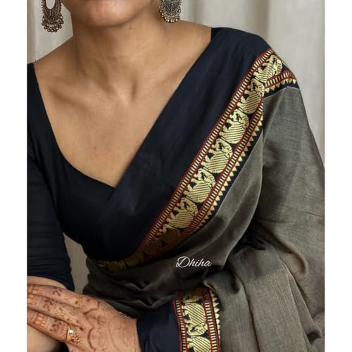 Image of Narayanpet Pure Cotton Avani Border Saree for Women with Running Blouse | Tassels | Traditional Woven Solid Design | Handloom Weave