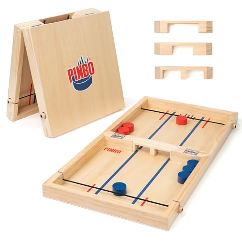 Pinbo The Classic Slingshot Game | Fast Action Foldable 2-Player Tabletop Wooden Game for Kids & Adults | Great for Travel & Game Night | Three Gates Included