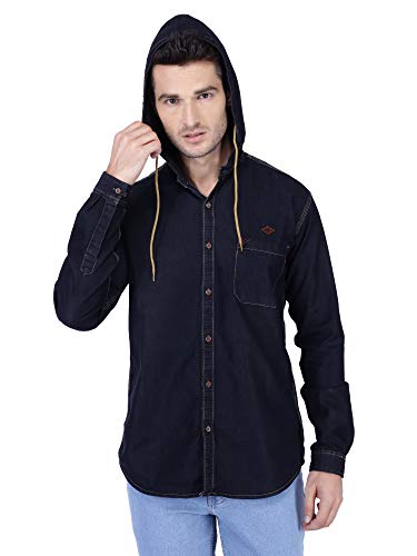 Image of Kuons Avenue Men's Denim Hooded Casual Shirt | Full Sleeve | Regular Fit | Hooded Collar - Stylish Everyday Wear