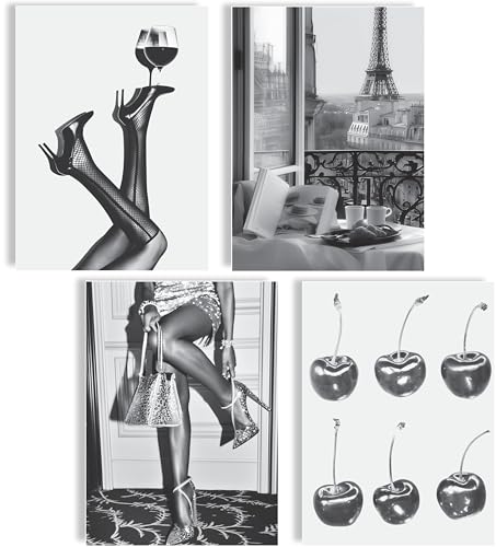 mojoliving Fashion Poster Set 4er Set Schwarz Weiß Wandbilder Mode Frauen Wein Paris Kirschen A4 Kunstdrucke elegant modern Wanddeko Schlafzimmer...