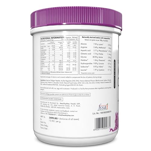 Image of HealthyHey Glow-n-Shine Marine Collagen Powder - Hydrolyzed | Type 1 Collagen Protein Supplement with Hyaluronic Acid | Amino Acids for Skin, Hair, Nails (blackcurrant, 200g)