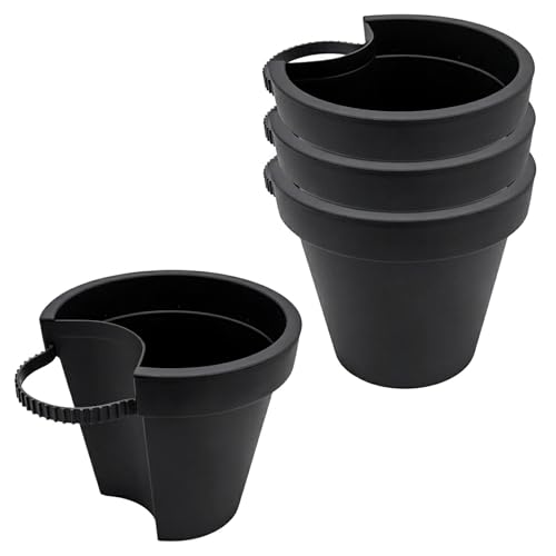 Kunststoff Blumentopf für Regenrohr 24 x 21 cm 4er Set - anthrazit - Pflanztopf mit Befestigungsgurt für Fallrohr - Hänge Blumentopf Pflanzgefäß Hängetopf vertikaler Garten für Säule und Pfosten