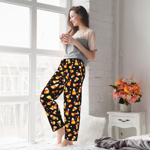 Halloween Candy Corn Print Pajama Pants Women With Pocket, Soft Long Comfy Pajama Bottoms Lounge Pj Pants4