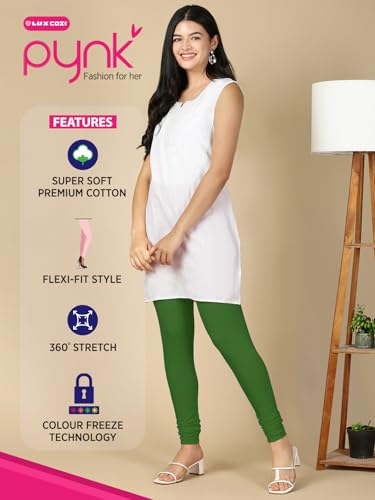 Image of Lux Cozi PYNK Solid Premium Cotton Lycra Churidar Leggings for Women | Regular Fit Elastic Waist Full Length Women Leggings | Free Size