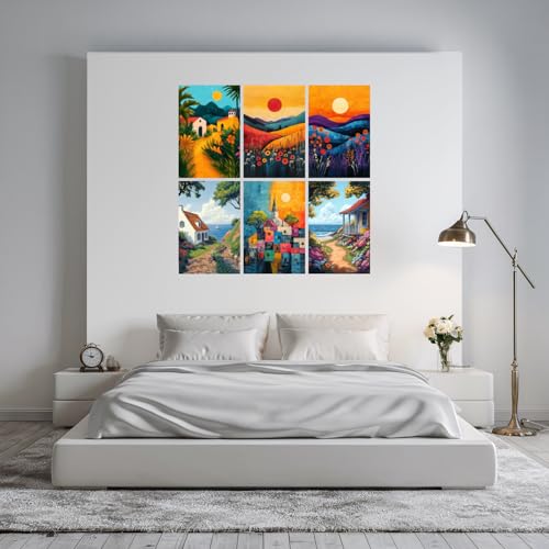 Image of SiddArtify Coastal Landscape Wall Art Prints Set - Colorful House Poster Decor for Living Room Bedroom Office - 12x18 inch Sticker Pack of 6