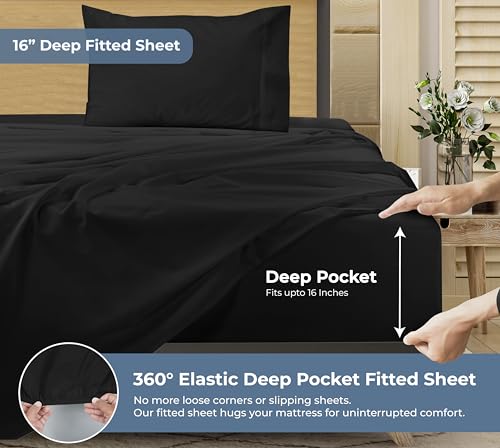 Image of ROYALE LINENS 100% Organic Cotton Twin XL Sheet Set - Percale Weave - 3 Pieces Set - 1 Flat, 1 Deep Pocket Fitted Sheet and 1 Pillowcases - Black Bed Sheets - Sabanas Twin XL - Crisp Cool (Black)