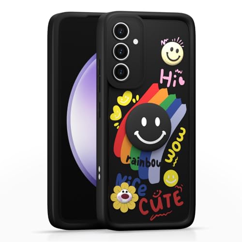 Image of Pikkme Back Cover for Samsung Galaxy S23 FE 5G | Soft Silicone| Cute Rainbow Smile & 3D Cartoon Flower Design | Shockproof Raised Camera Protection Bumper Case (Black)