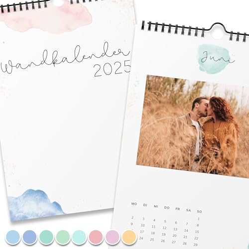 Fotokalender 2025 zum selbstgestalten (Bastelkalender 2025 im A4 Format) - DIY Kalender zum selber gestalten von Januar bis Dezember mit Ferienübersicht - Ideal als Geschenk - Aquarell