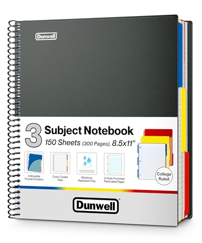 Image of Dunwell 3-Subject Notebook College Ruled 8.5 x 11 (Black), 150 Sheets (300 Pages), Spiral Notebook 8.5x11 with Tabs, Movable Dividers, Storage Pockets, Protective Plastic Covers