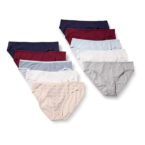 Amazon Essentials Slip Bikini in Cotone (Disponibile in Taglie Forti) Donna, Pacco da 10, Motivo Floreale Piccolo/Multicolore/Pois/Righe, 44