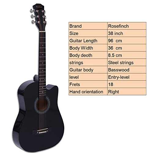 Rosefinch 38 Inch Acoustic Beginner Guitar 3/4 Size Basswood Glossy Folk Guitar Starter Kits W/Bag Picks Capo Strap Steel Strings 38 Inch Black #TOP3