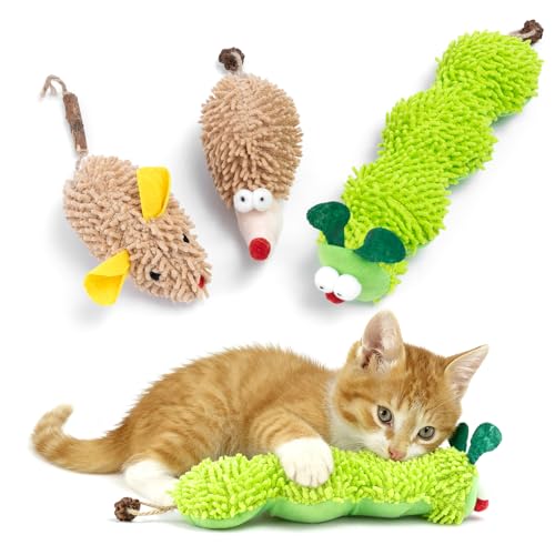 Lot de 3 jouets interactifs en peluche à l'herbe à chat pour chatons adultes d'intérieur - Jouet à mâcher pour le nettoyage des dents - En peluche résistante aux morsures - Motif chenille, souris