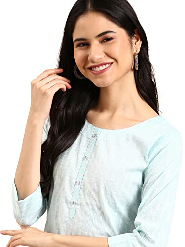 Image of SHOWOFFFF Women Woven Design Straight Ethnic Kurta | Round Neck 3 /4th Sleeves Cotton Kurta for Womens | Regular Fit Calf Length Kurta for Women's