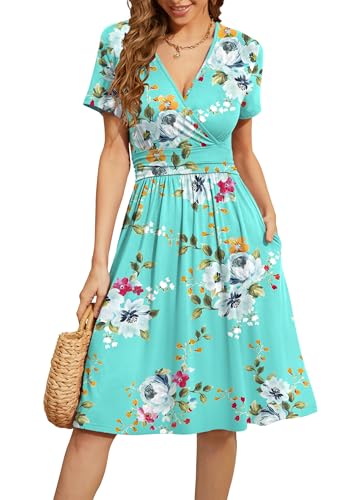 WEACZZY Damen Sommer Kurzarm Freizeitkleider V-Ausschnitt Floral Partykleid mit Taschen, Mintgrüne Blume, Groß