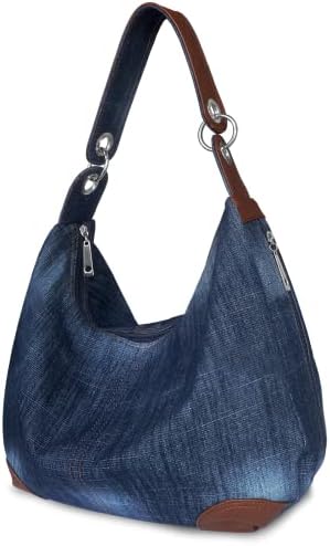 Denim Handbags for Women Jean Purse with Multiple Pockets Denim Blue Pocketbooks Tote Hobos Crossbody Bags