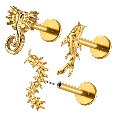 Casvort Lot de 3 piercings ASTM F136 en titane 16 G/18 G, scorpion, mille-pattes sans filetage pour nez, labret, tragus, hélix, conque avec 6 mm, 7 mm et 8 mm, 16G, Titane Zircone cubique Métal