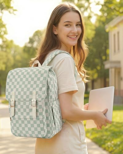 Image of Corduroy Laptop Backpack for Women, Fits 15.6 Inch Computer Bag, College Bookbag Travel Daypack Purse, Work Business Bags - Corduroy Checkered Green