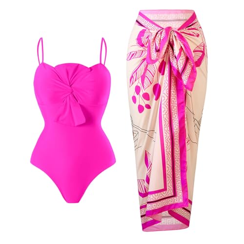 BAWHAHT Traje de baño de una pieza para mujer con conjunto de cobertura, traje de baño retro para mujer, control de abdomen, falda envolvente de playa, Rosa, XL