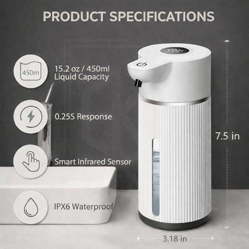 Image of 450ML Automatic Touchless Foam Dispenser, Rechargeable Sensor Foaming Dispenser with Digital Display, 4-Speed Adjustable Foam Control, Electric Auto Dispenser for Bathroom & Kitchen (White)