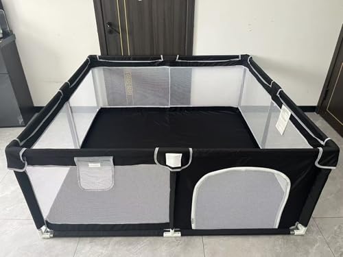 Image of 71x59 in Playpen for Babies and Toddlers - Indoor and Outdoor Extra Large Baby Play Pen with Soft Breathable Mesh & External Zipper Door - Baby Play Yard with Bag& 2 Handles for Walking Playing, Black