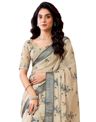 SIRIL Women's Cotton Linen Ready To Wear Saree, Printed One Minute Saree with Unstitched Blouse Piece (41RS361_Dark Beige)