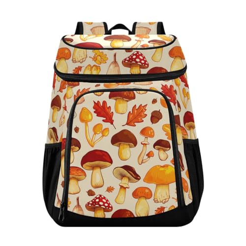 Autumn Mushroom Beige Cooler Backpack Leakproof Insulated Lunch Cooler Bag 30 Cans Camping Backpacks for Men Women