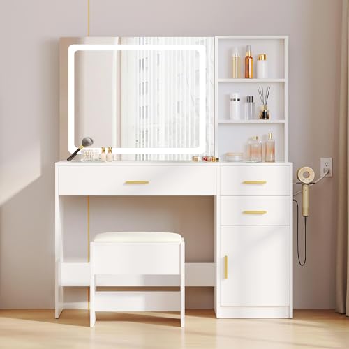 DWVO 45" W Vanity Desk w/Wireless Charging Station & Power Outlet, Mirror w/Lights Table Set with 4 Drawers, 3 Lighting Modes Brightness Adjustable for Bedroom Studio, Upgraded Milk White