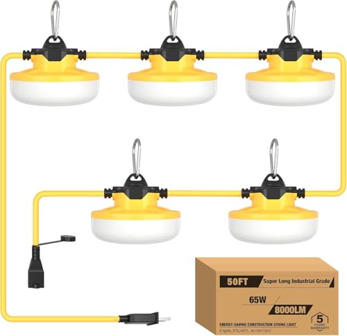 YXL 50FT 8000LM Construction String Lights 65W Industrial String Work Lights IP65 Waterproof Super Bright for Construction Sites Temporary Work Jobsites Outdoor Lighting