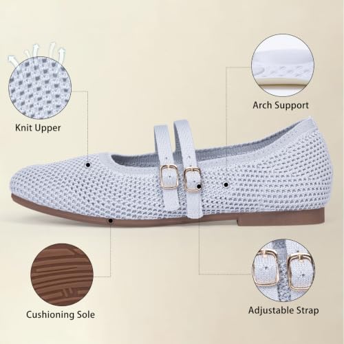 Image of Frank Mully Women's Flats Square Toe Mary Jane Shoes Ballet Flats with Strap Comfortable Slip On Knit Shoes Dressy Casual