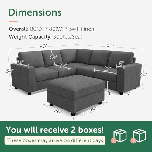 Image of HONBAY Sectional Sofa, 6 Seats 80 Inch L Shaped Couch with Ottoman Pet-Friendly for Small Apartment Living Room, Light Grey