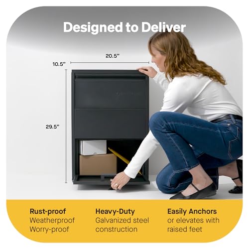 Image of adoorn Package Delivery Boxes for Outside - Small Anti-Theft Secure Package Box - Free Standing Parcel Drop Box - Weatherproof Construction - Durable Steel - 29.5 inch H x 20.5 inch W x 10.5 inch D - Navy