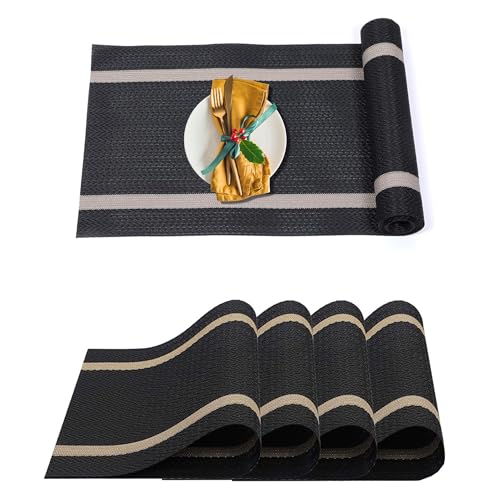 Image of Dining Table Placemats & Runner Set - Heat Resistant, Washable & Stain Resistant Woven Vinyl Mats | Table Runner & 4 Placemats Set for Stylish Dining (45x30 cm Placemats, 180x30 cm Runner)