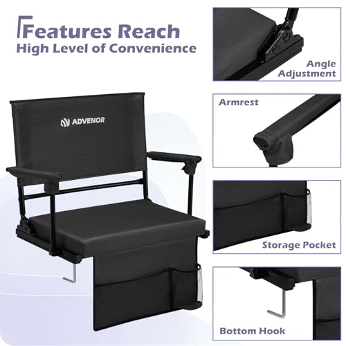 ADVENOR Portable Stadium Seat with Back Support for Bleacher -2 Pack,17.3‘’ Wide, Adjustable 6 Reclining Position, Thick Padded Cushion Ideal for Basketball Soccer Sport Events (2, Black, Regular) - Thumbnail 3