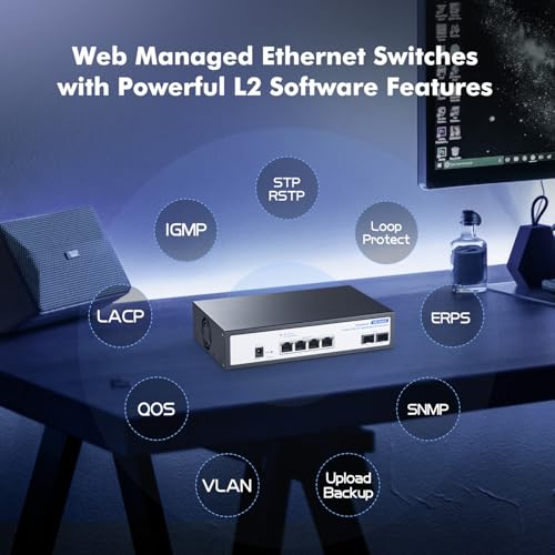 Image of 6 Port 10Gbps Managed Switch, 4 x 10G RJ-45, 2 x 10G SFP+ Slots, Support 10G /5G /2.5G /1000M Auto-Negotiation, YuLinca Smart Web Metal Network Switch