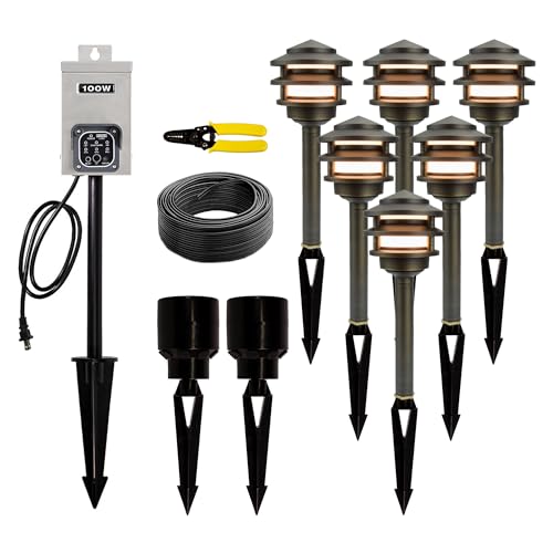 VOLT 12V 3-Tier Brass Pagoda LED Path Light 6-Pack Kit (Bronze) for Low Voltage Landscape Lighting on Outdoor Pathway, Walkway, Garden, Driveway or Patio