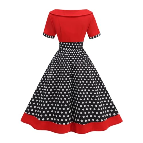 Image of Women's Boat Neck Polka Dot Cocktail Midi Dress Vintage Retro 1950s Style Swing Tea Length Wedding Guest Party Dresses