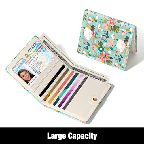 Image of Rouidr Womens Wallet, RFID Small Slim Wallet for Women, Cute Bifold Leather Pocket Credit Card Holder Ladies Mini Purse with Zipper Coin Pocket & ID Window, Green Flowers