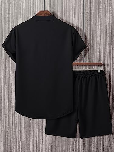 COZYEASE Men's 2 Pieces Floral Letter Graphic Print Button Front Short Sleeve Shirt Top and Shorts Set2