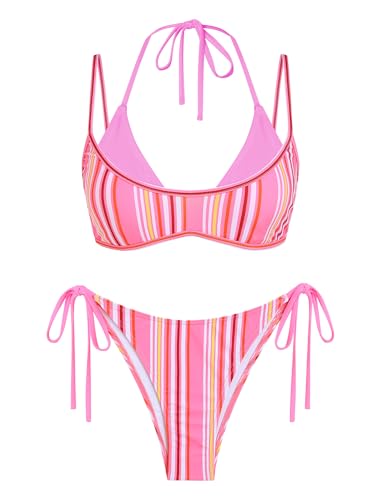 Image of ZAFUL Women's Polka Dot Bikini Set Double Layer Halter Swimsuit Colorblock Side Tie 2 Piece Bathing Suit