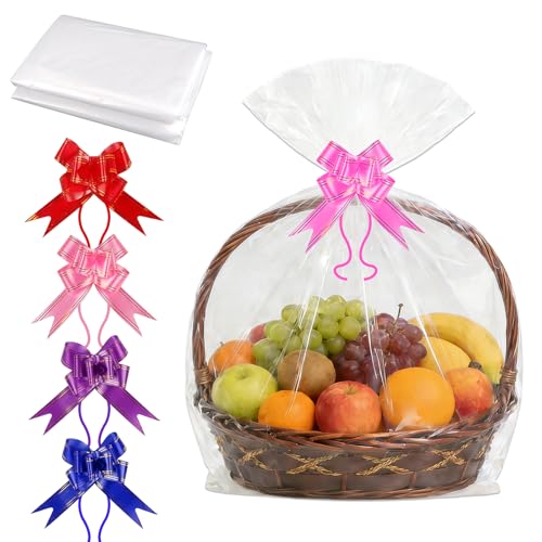 5 Pièces Sacs Cadeaux En Cellophane Transparents, 60 x 75cm Papier Cadeau Transparent avec 5 Nœuds à Tirer, Grands Sacs En Cellophane Set pour Fleurs,...